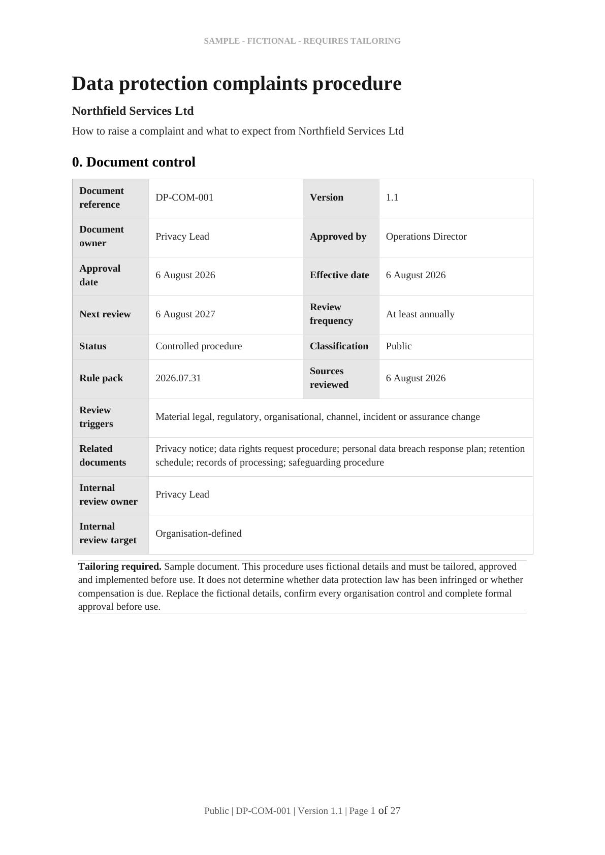 First page of the sample data protection complaints procedure